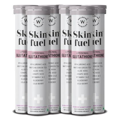 WELLBEING NUTRITION Skin Fuel Effervescent Tablets with Marine Collagen, Glutathione, Hyaluronic Acid, Blueberry Mint Flavor 