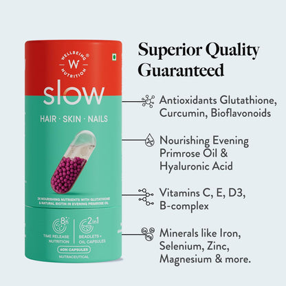 WELLBEING NUTRITION Slow Release Biotin Capsules 10,000mcg 60ct with Keratin VitC Glutathione HLA Primrose Oil - back view