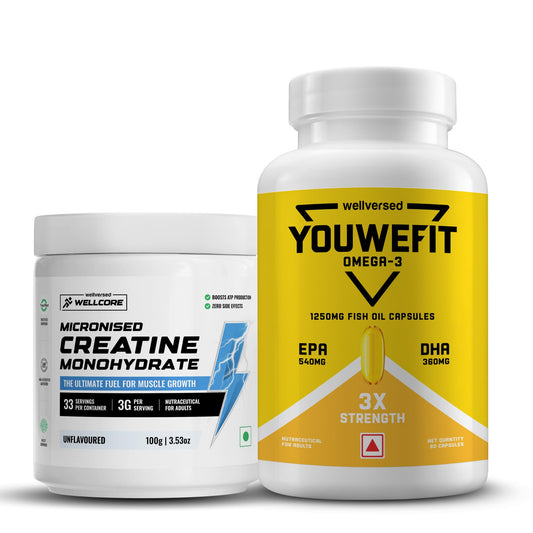 Wellcore Creatine Monohydrate Powder 100g with Omega-3 Fish Oil Capsules 60 Count, Triple Strength EPA DHA