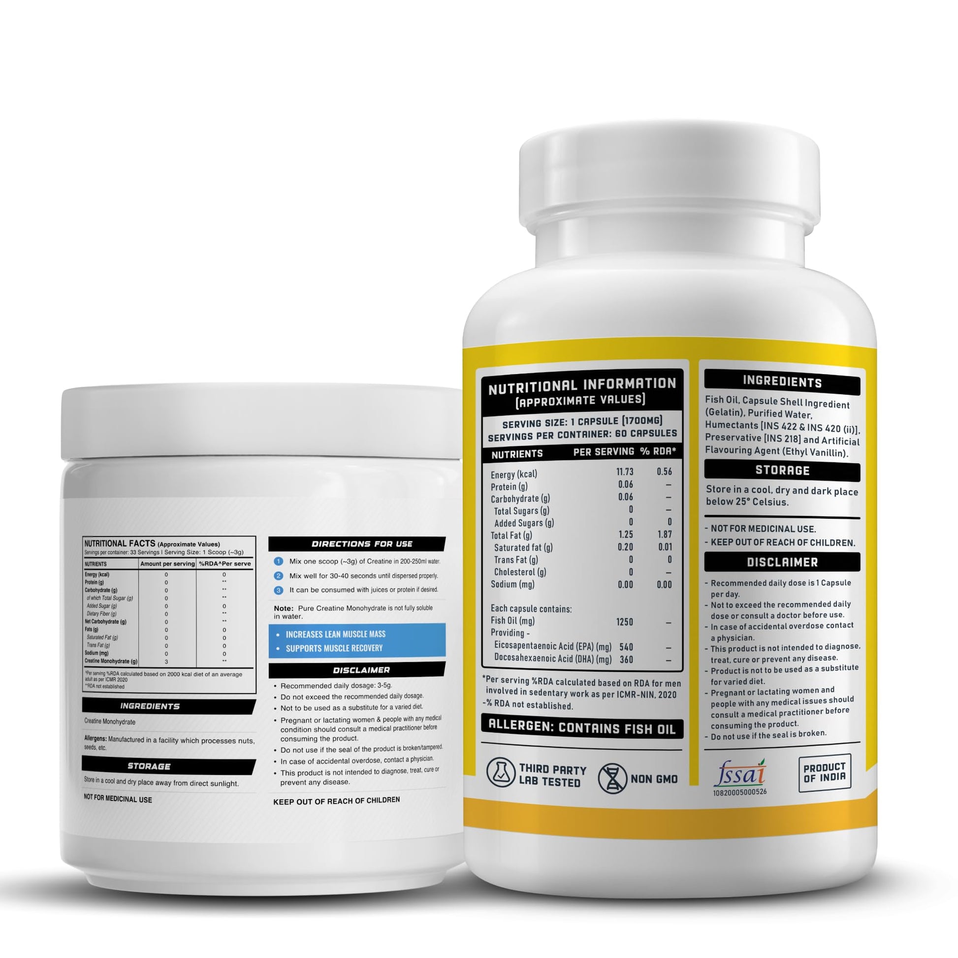 Wellcore Creatine Monohydrate Powder 100g with Omega-3 Fish Oil Capsules 60 Count, Triple Strength EPA DHA - front view