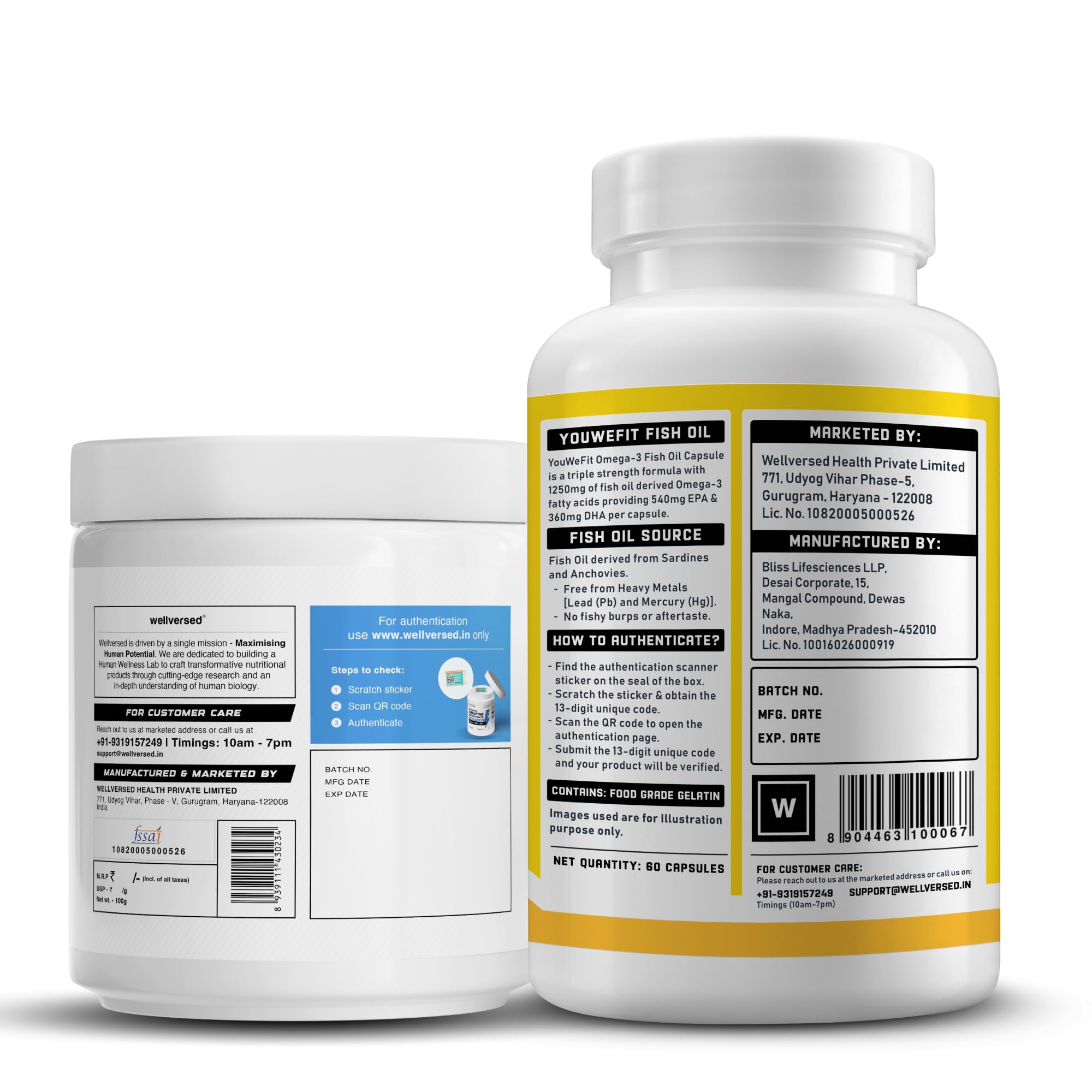 Wellcore Creatine Monohydrate Powder 100g with Omega-3 Fish Oil Capsules 60 Count, Triple Strength EPA DHA - back view