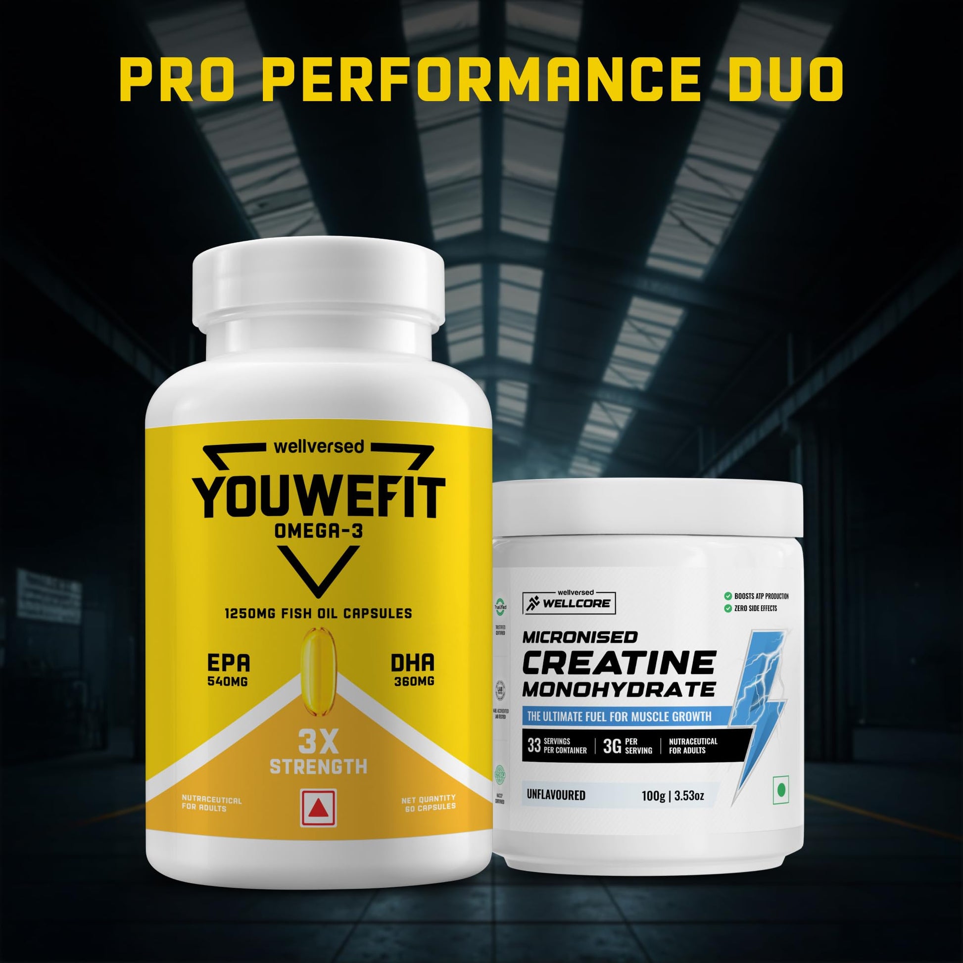 Wellcore Creatine Monohydrate Powder 100g with Omega-3 Fish Oil Capsules 60 Count, Triple Strength EPA DHA - packaging