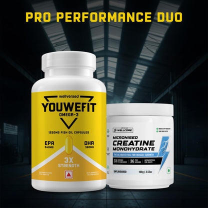 Wellcore Creatine Monohydrate Powder 100g with Omega-3 Fish Oil Capsules 60 Count, Triple Strength EPA DHA - packaging