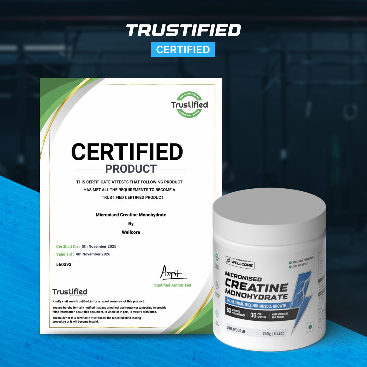 Wellcore Creatine Monohydrate Powder 100g with Omega-3 Fish Oil Capsules 60 Count, Triple Strength EPA DHA - front view (46)
