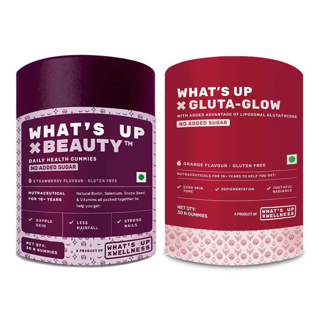 What's Up Wellness Beauty & Gluta-Glow Gummy Combo, Biotin & Glutathione, Adult, No Added Sugar