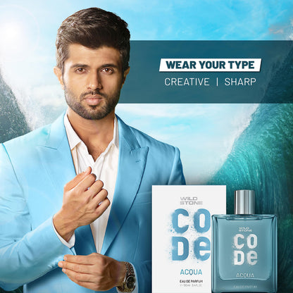 WILD STONE CODE Acqua Eau De Parfum For Men, 100ml, Fresh Marine Notes, Green Apple & Lemon - front view