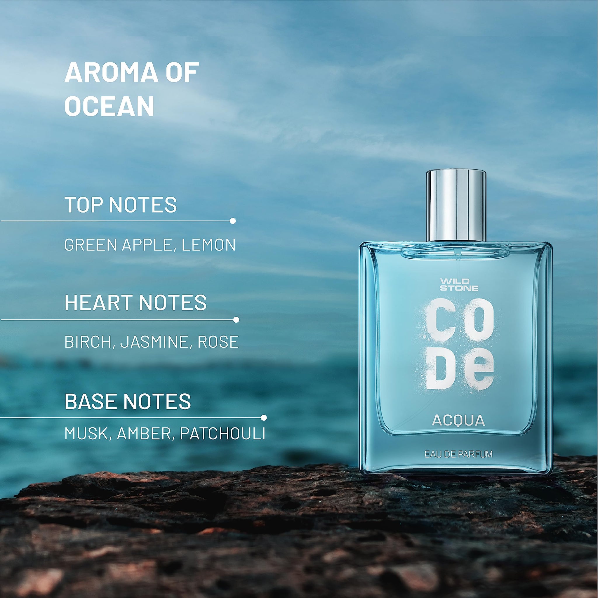 WILD STONE CODE Acqua Eau De Parfum For Men, 100ml, Fresh Marine Notes, Green Apple & Lemon - packaging
