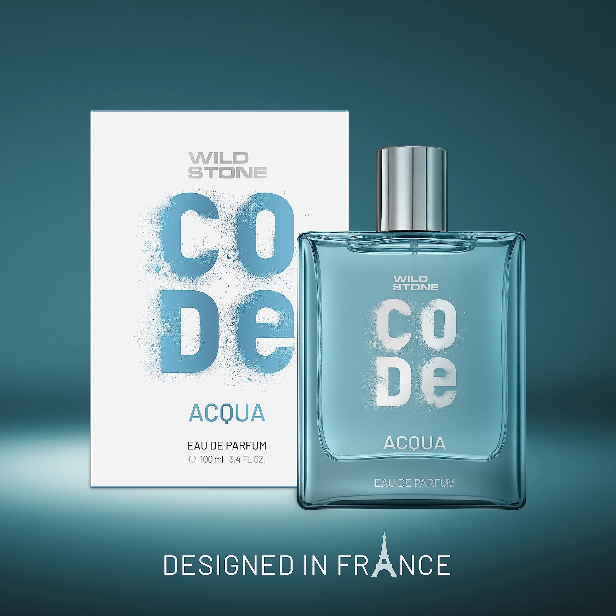 WILD STONE CODE Acqua Eau De Parfum For Men, 100ml, Fresh Marine Notes, Green Apple & Lemon - label detail