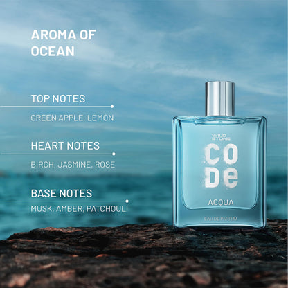 WILD STONE CODE Acqua Eau De Parfum for Men, 100ml, Fresh Sparkling Energising Fragrance - packaging