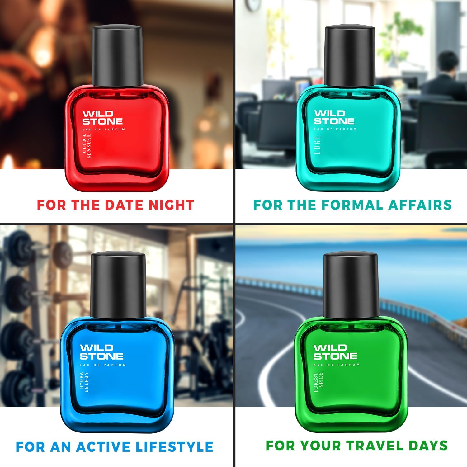 Wild Stone Men's Perfume Set, 4 Scents (30ml Each) - Edge/Forest Spice/Hydra Energy/Ultra Sensual - back view