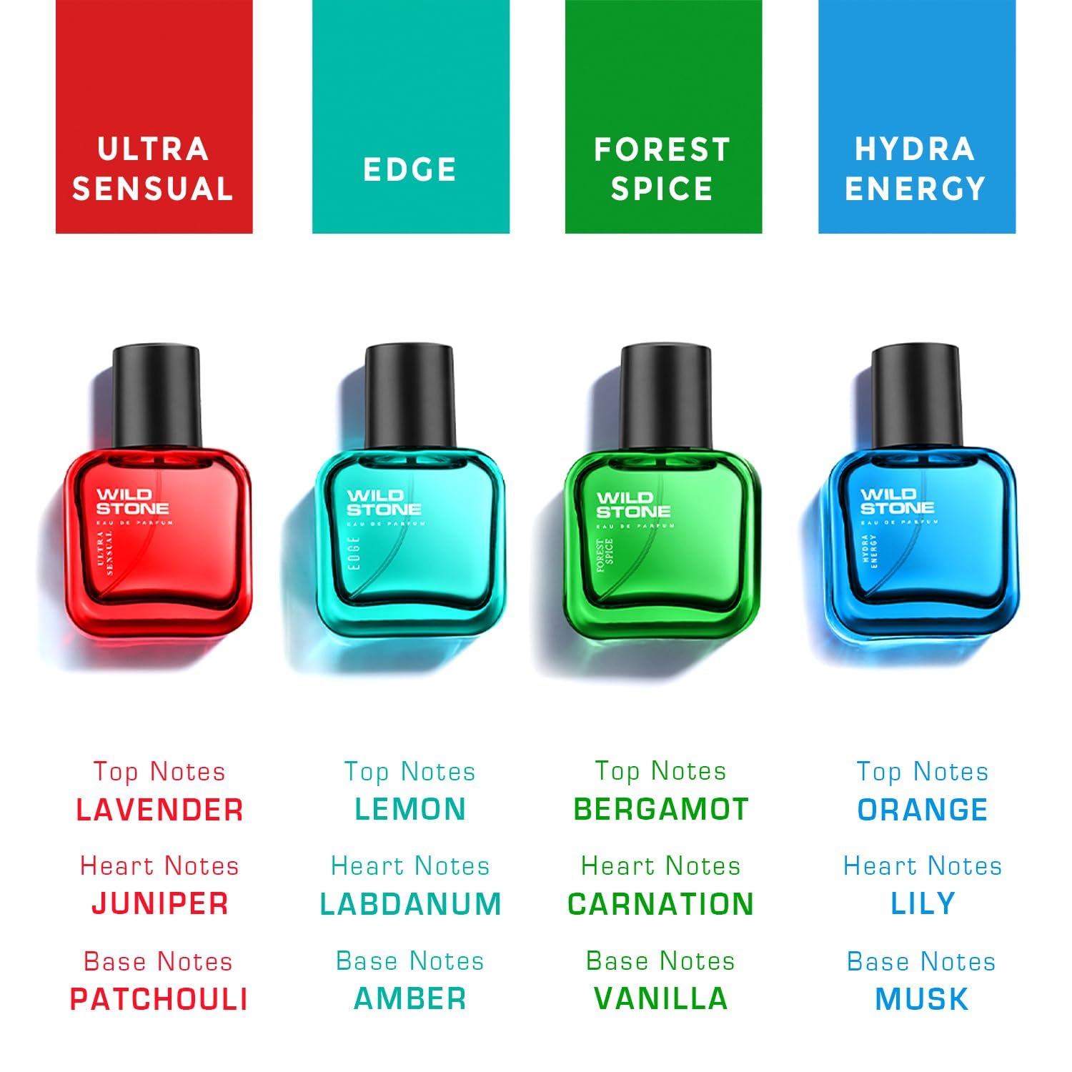 Wild Stone Men's Perfume Set, 4 Scents (30ml Each) - Edge/Forest Spice/Hydra Energy/Ultra Sensual - packaging