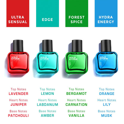 Wild Stone Men's Perfume Set, 4 Scents (30ml Each) - Edge/Forest Spice/Hydra Energy/Ultra Sensual - packaging