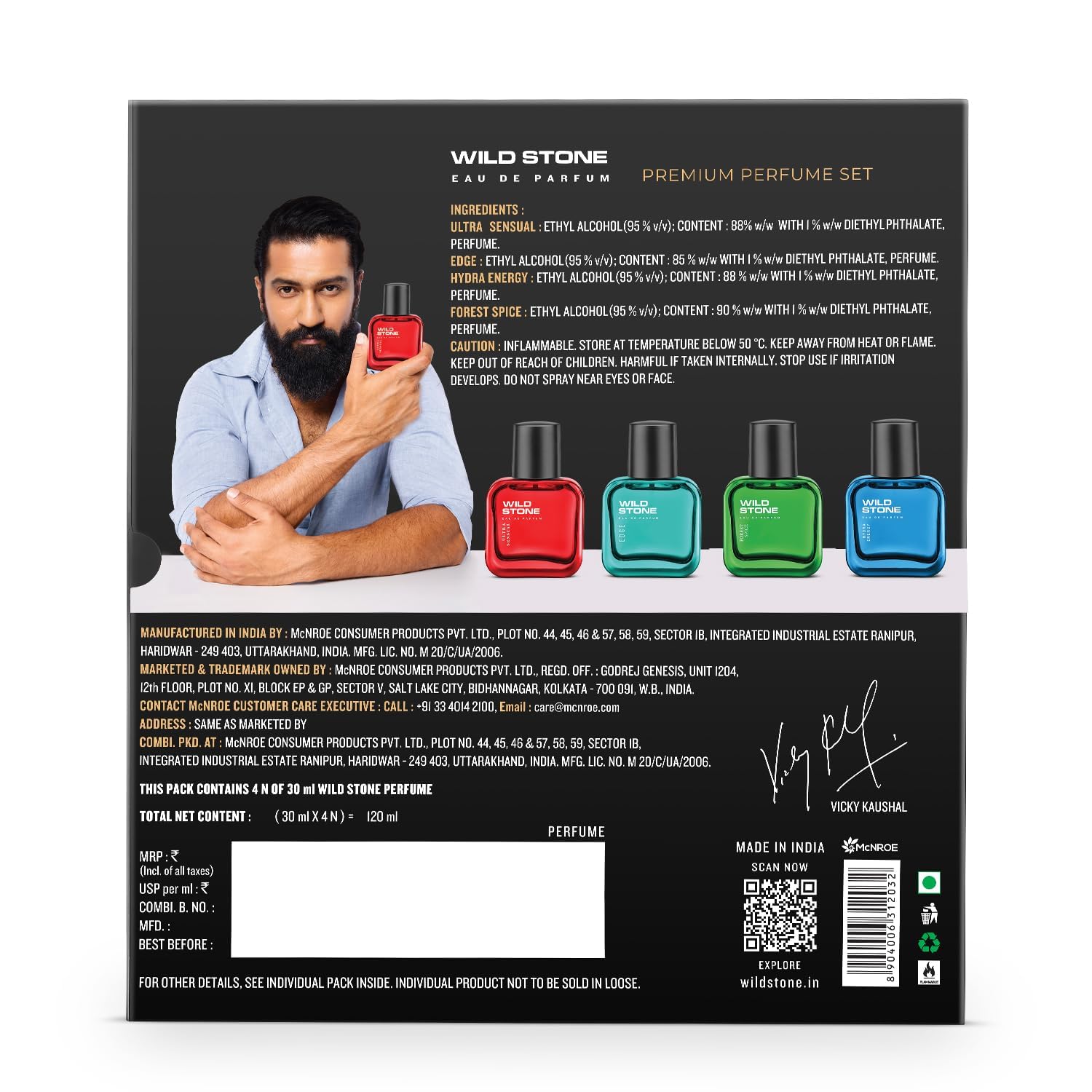 Wild Stone Men's Perfume Set, 4 Scents (30ml Each) - Edge/Forest Spice/Hydra Energy/Ultra Sensual - ingredients panel