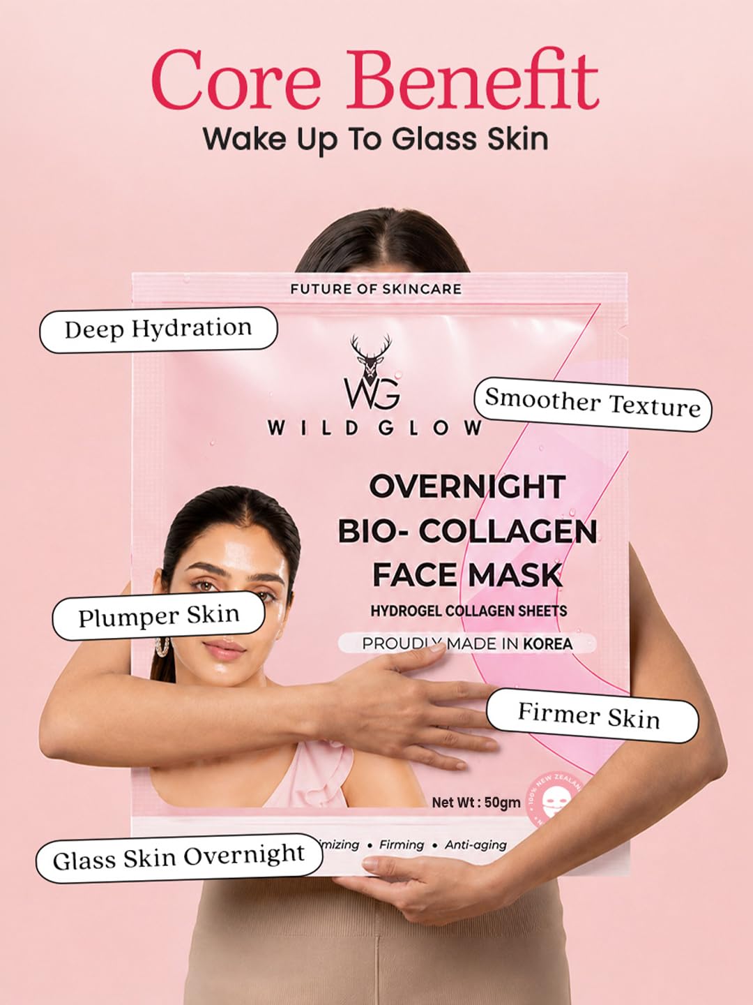 WILDGLOW Korean Glass Skin Bio-Collagen Overnight Face Mask for Deep Hydration, Pigmentation, & Pore Minimizing | Hyaluronic 