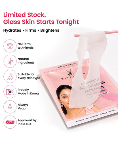 WILDGLOW Korean Glass Skin Bio-Collagen Overnight Face Mask for Deep Hydration, Pigmentation, & Pore Minimizing | Hyaluronic 