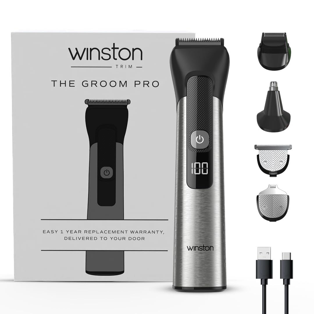 WINSTON Groom Pro 5 in 1 Grooming Set for Men with 14 Length Combs, Digital Display, Fast Charging, Pedestal Stand