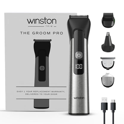 WINSTON Groom Pro 5 in 1 Grooming Set for Men with 14 Length Combs, Digital Display, Fast Charging, Pedestal Stand
