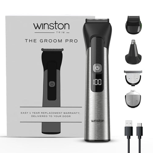 WINSTON Groom Pro 5 in 1 Grooming Set for Men with 14 Length Combs, Digital Display, Fast Charging, Pedestal Stand