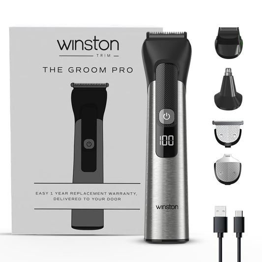 WINSTON Groom Pro 5 in 1 Grooming Set for Men with 14 Length Combs, Digital Display, Fast Charging, Pedestal Stand