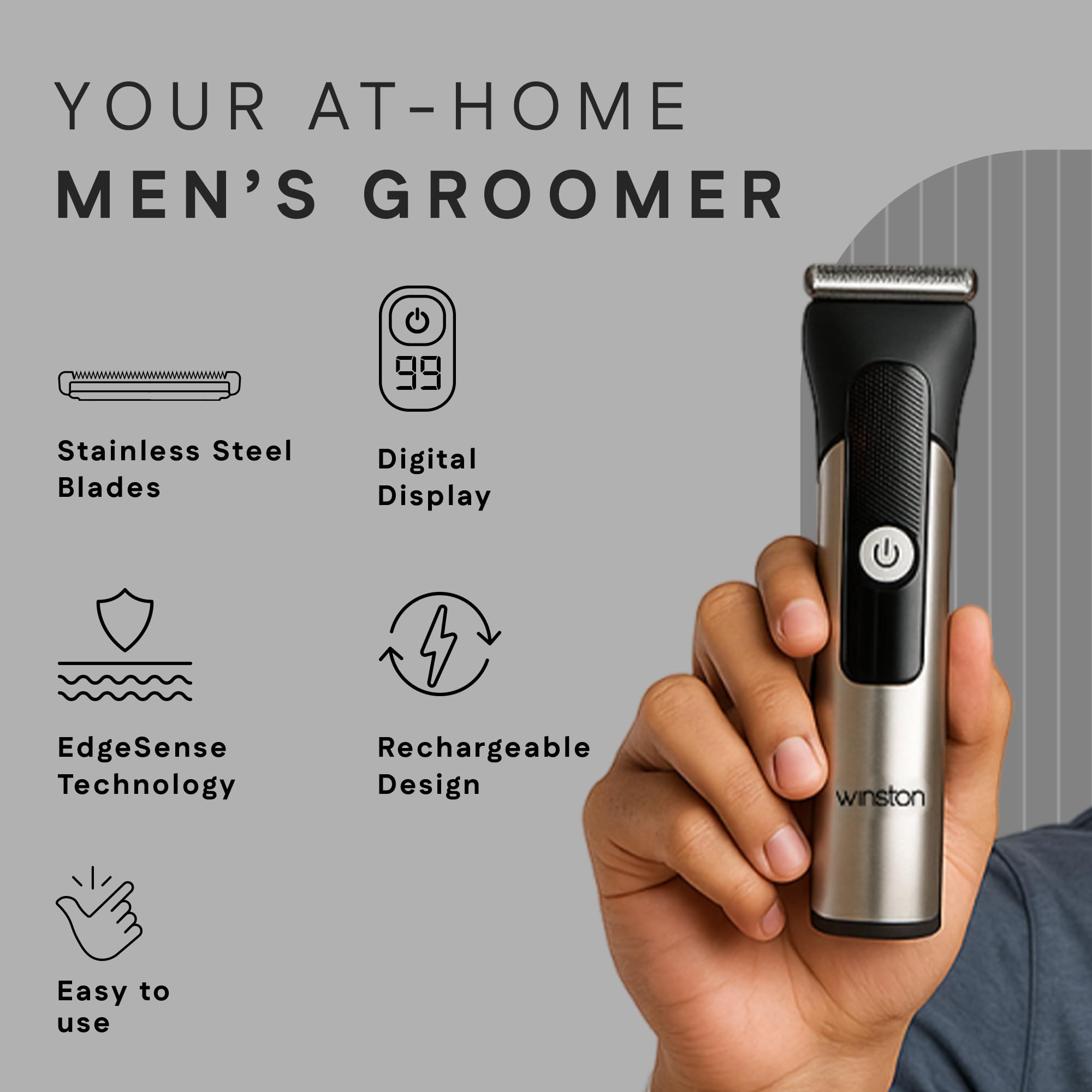 WINSTON Groom Pro 5 in 1 Grooming Set for Men with 14 Length Combs, Digital Display, Fast Charging, Pedestal Stand - back vie