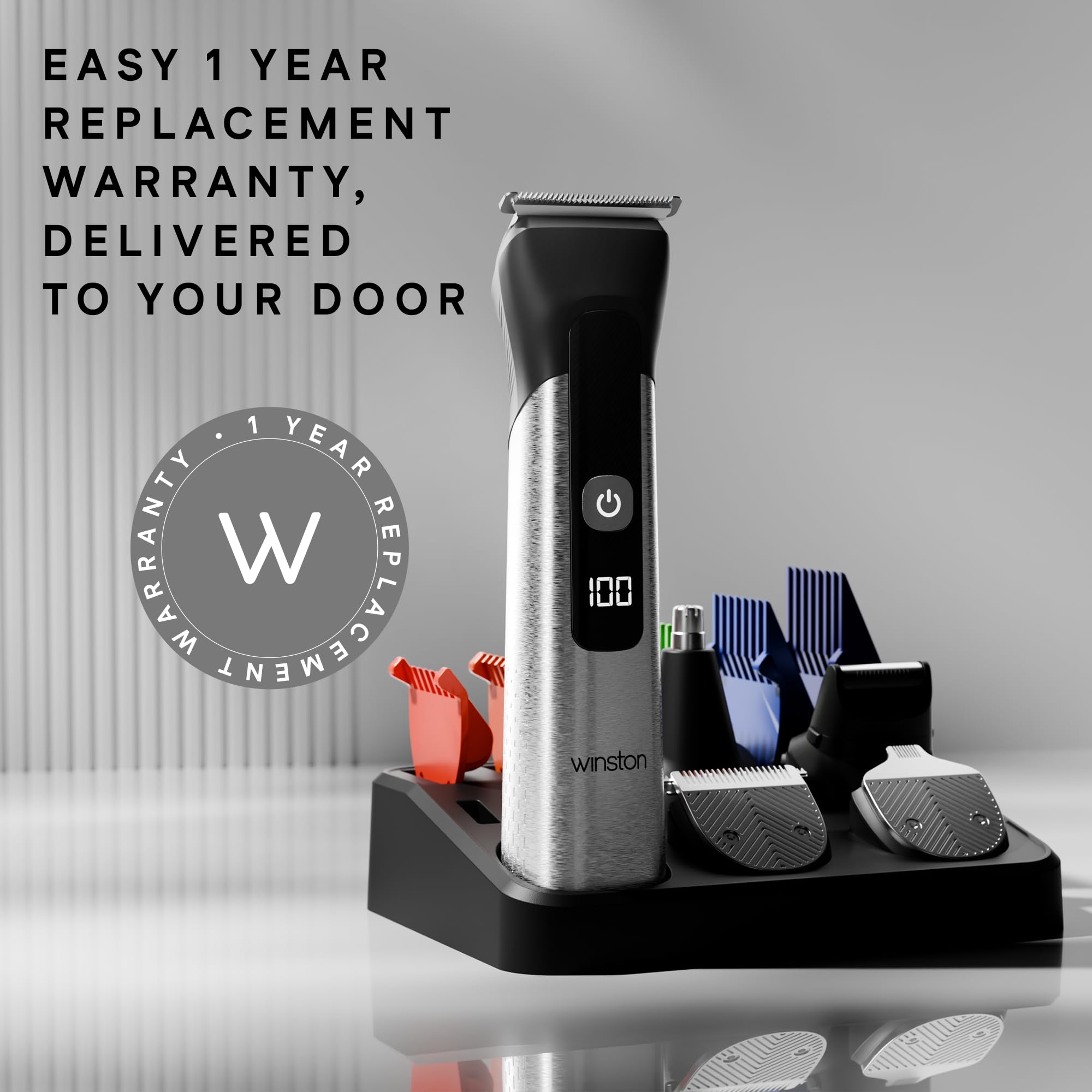 WINSTON Groom Pro 5 in 1 Grooming Set for Men with 14 Length Combs, Digital Display, Fast Charging, Pedestal Stand - in use