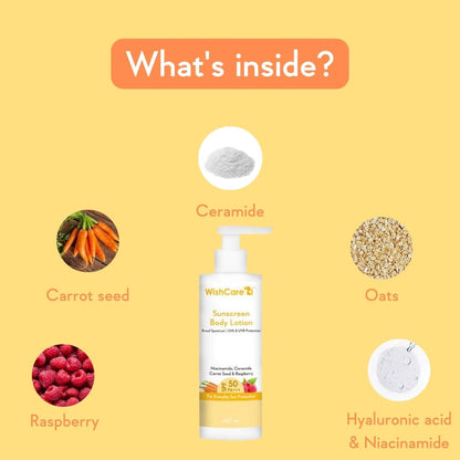 WishCare SPF 50 PA++++ Sunscreen Body Lotion, In-Vivo Tested, Oxybenzone-Free, Vegan, Fragrance-Free - label detail (10)