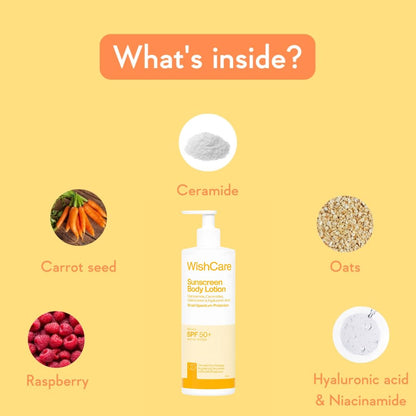 WishCare SPF 50 PA++++ Sunscreen Body Lotion, In-Vivo Tested, Oxybenzone-Free, Vegan, Fragrance-Free - label detail (22)