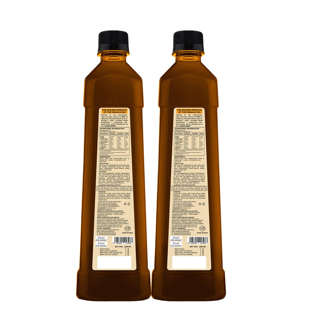 WOW Life Science Himalayan Sea Buckthorn Berry Pulp Concentrate, Cold-Pressed from Spiti Valley, 400 ml, Rich in Omega 3-6-7-