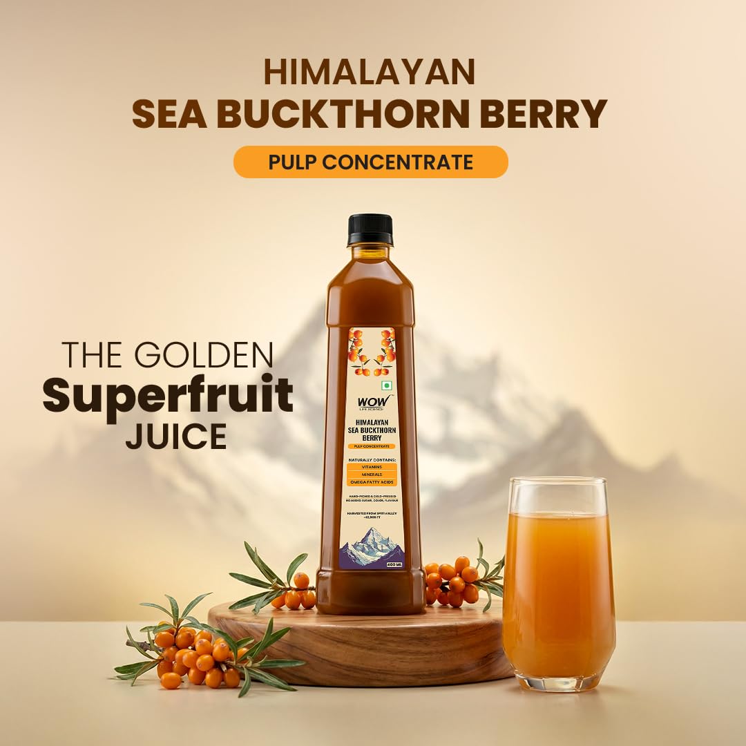 WOW Life Science Himalayan Sea Buckthorn Berry Pulp Concentrate, Cold-Pressed from Spiti Valley, 400 ml, Rich in Omega 3-6-7-