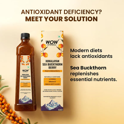 WOW Life Science Himalayan Sea Buckthorn Berry Pulp Concentrate, Cold-Pressed from Spiti Valley, 400 ml, Rich in Omega 3-6-7-