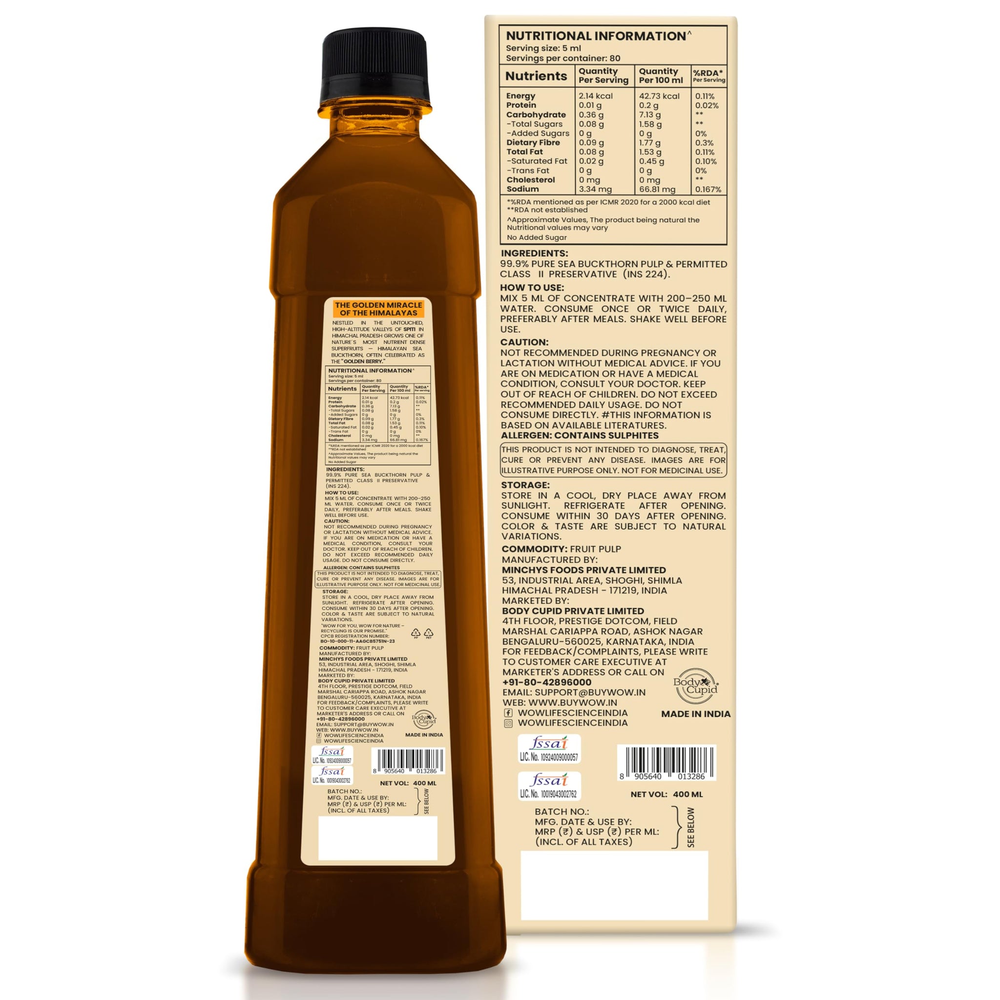 WOW Life Science Himalayan Sea Buckthorn Berry Pulp Concentrate, Cold-Pressed from Spiti Valley, 400 ml, Rich in Omega 3-6-7-