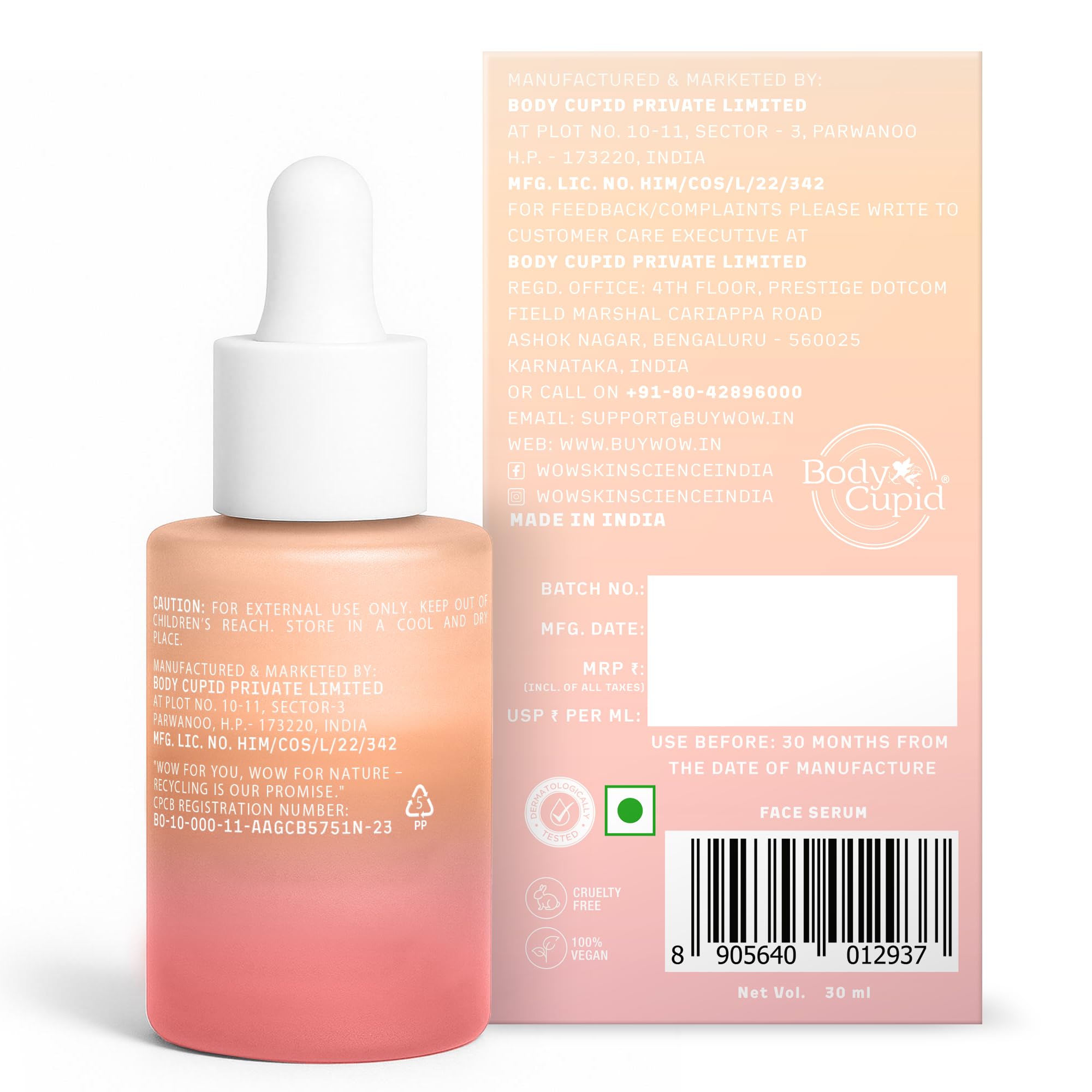 WOW Skin Science 2% Alpha Arbutin Advanced Face Serum with 5% Niacinamide and Grapefruit, 30 ml - size and scale