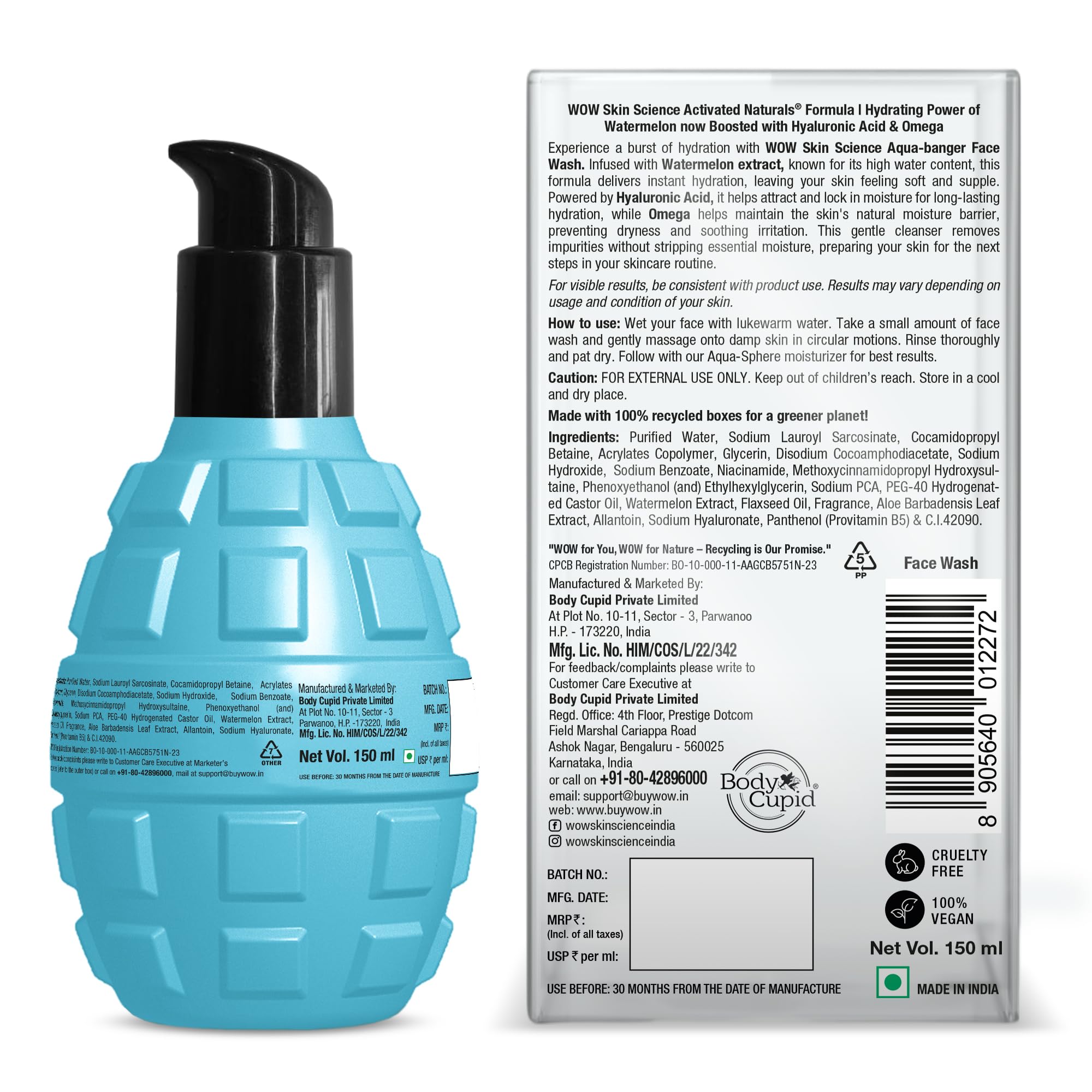 WOW Skin Science Aqua-Banger Face Wash, Hydrating Cleanser with Watermelon Hyaluronic Acid and Omega, 150ml - in use
