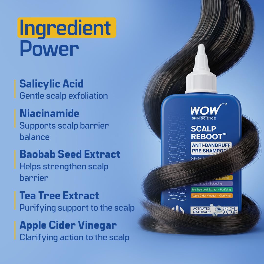 WOW Skin Science Scalp Reboot Pre-Shampoo Scalp Exfoliator, 2% Salicylic Acid with Niacinamide and Tea Tree, 250 ml - label d