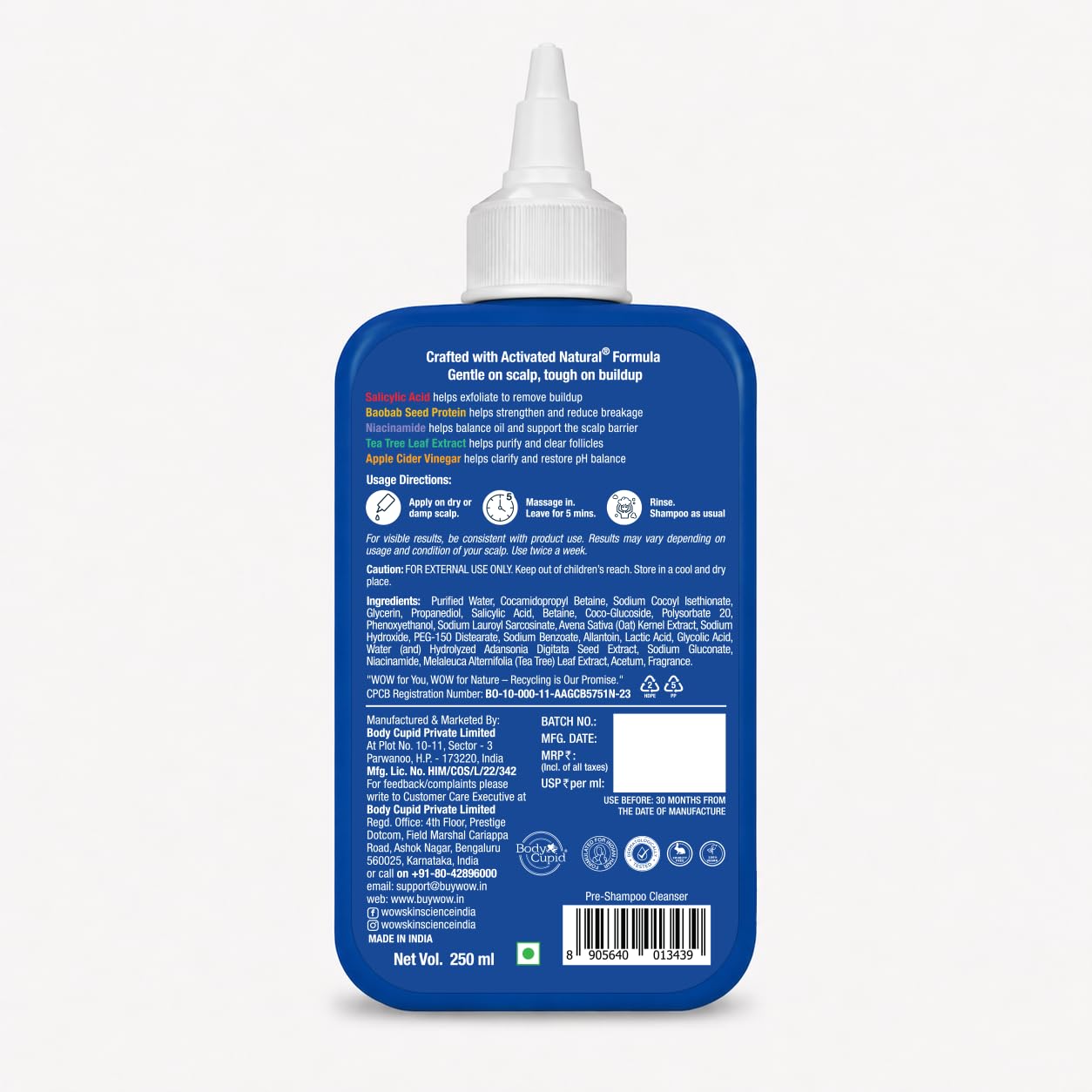 WOW Skin Science Scalp Reboot Pre-Shampoo Scalp Exfoliator, 2% Salicylic Acid with Niacinamide and Tea Tree, 250 ml - in use