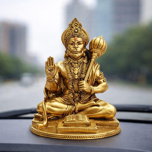 Yadava Golden Hanuman Idol - Compact Resin Statue for Car Dashboard, Home Temple, Office Decor with Double Sided Adhesive Sti