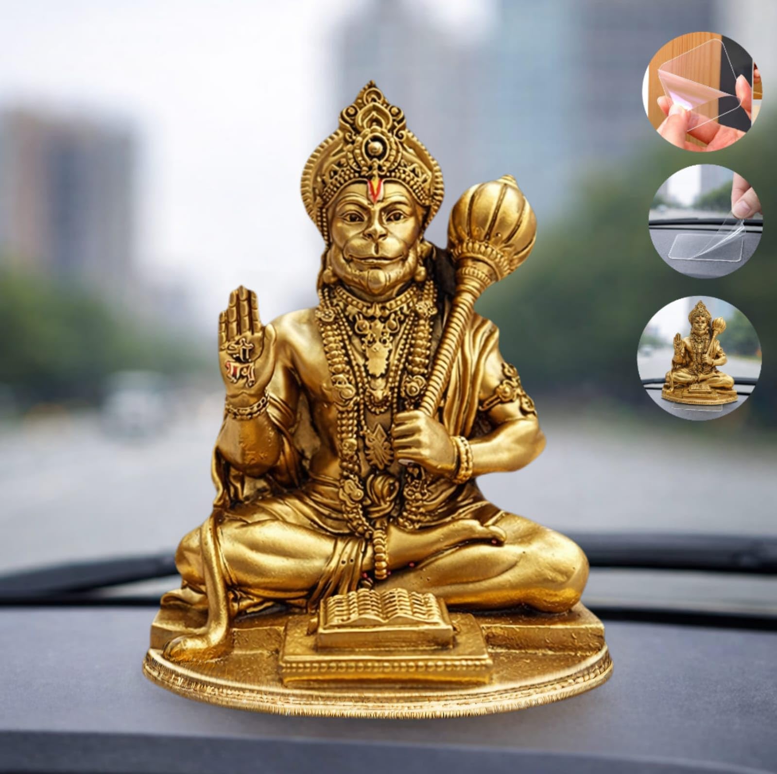 Yadava Golden Hanuman Idol - Compact Resin Statue for Car Dashboard, Home Temple, Office Decor with Double Sided Adhesive Sti