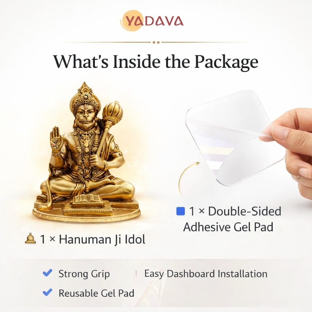 Yadava Golden Hanuman Idol - Compact Resin Statue for Car Dashboard, Home Temple, Office Decor with Double Sided Adhesive Sti