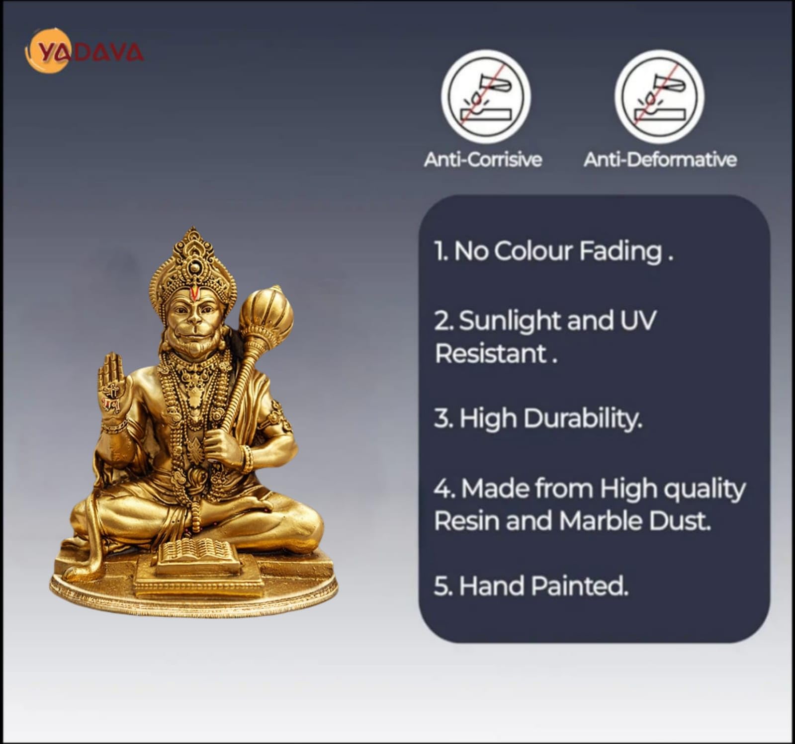 Yadava Golden Hanuman Idol - Compact Resin Statue for Car Dashboard, Home Temple, Office Decor with Double Sided Adhesive Sti