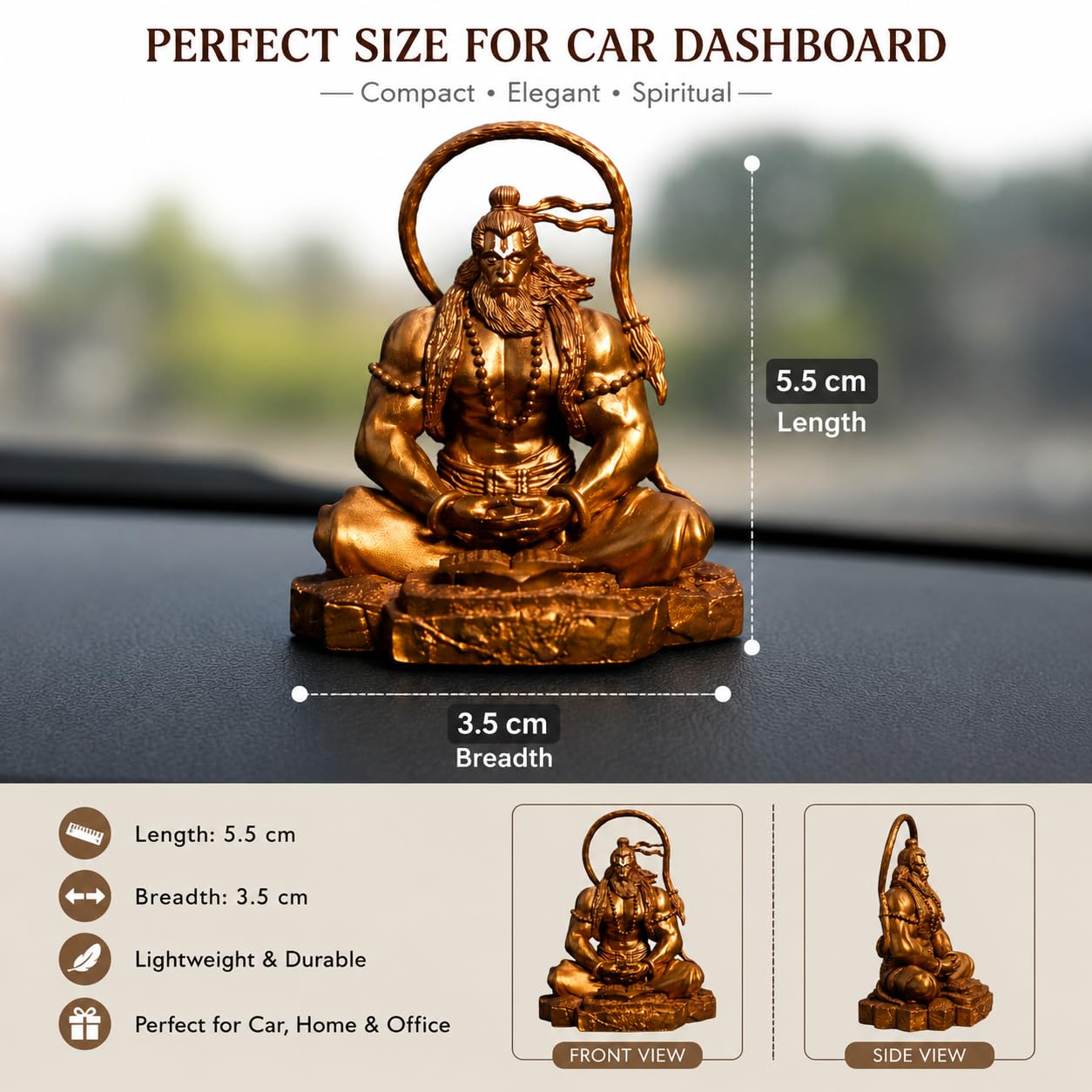 Yadava Hanuman Idol Figurine, Resin with Copper Finish, Medium, Car Dashboard Home Decor - front view (11)