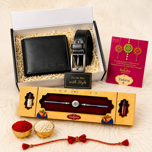 Yadava Men's Gift Set with Leather Wallet, Belt, Stainless Steel Keychain, and Insulated Travel Bottle