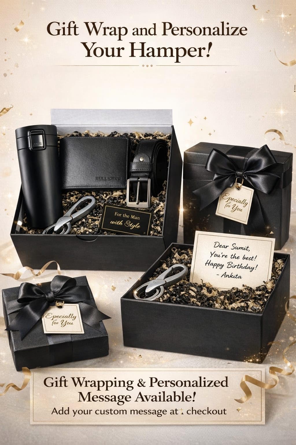 Yadava Men's Gift Set with Leather Wallet, Belt, Stainless Steel Keychain, and Insulated Travel Bottle - size and scale