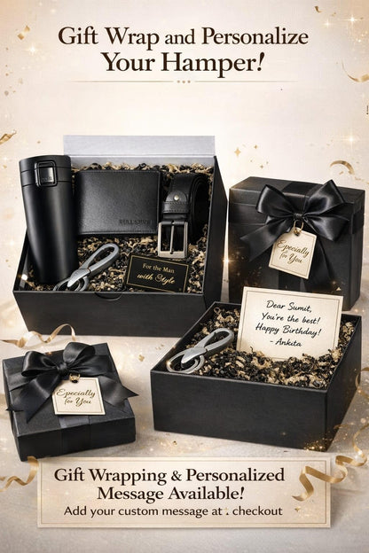 Yadava Men's Gift Set with Leather Wallet, Belt, Stainless Steel Keychain, and Insulated Travel Bottle - size and scale