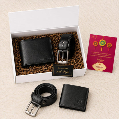 Yadava Men's Gift Set with Leather Wallet, Belt, Stainless Steel Keychain, and Insulated Travel Bottle - front view
