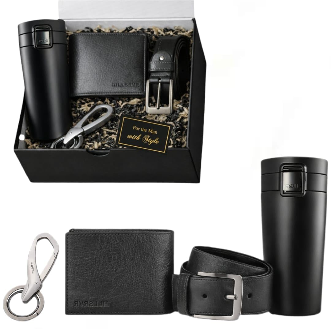 Yadava Men's Gift Set with Leather Wallet, Belt, Stainless Steel Keychain, and Insulated Travel Bottle (7)