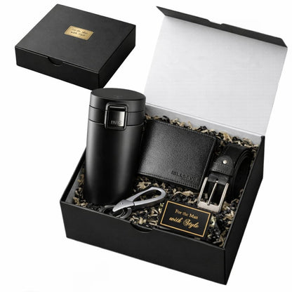 Yadava Men's Gift Set with Leather Wallet, Belt, Stainless Steel Keychain, and Insulated Travel Bottle - front view (8)