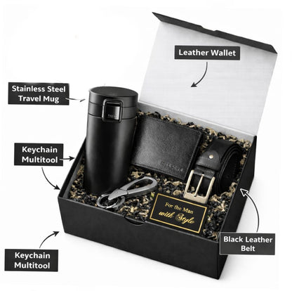 Yadava Men's Gift Set with Leather Wallet, Belt, Stainless Steel Keychain, and Insulated Travel Bottle - back view (9)