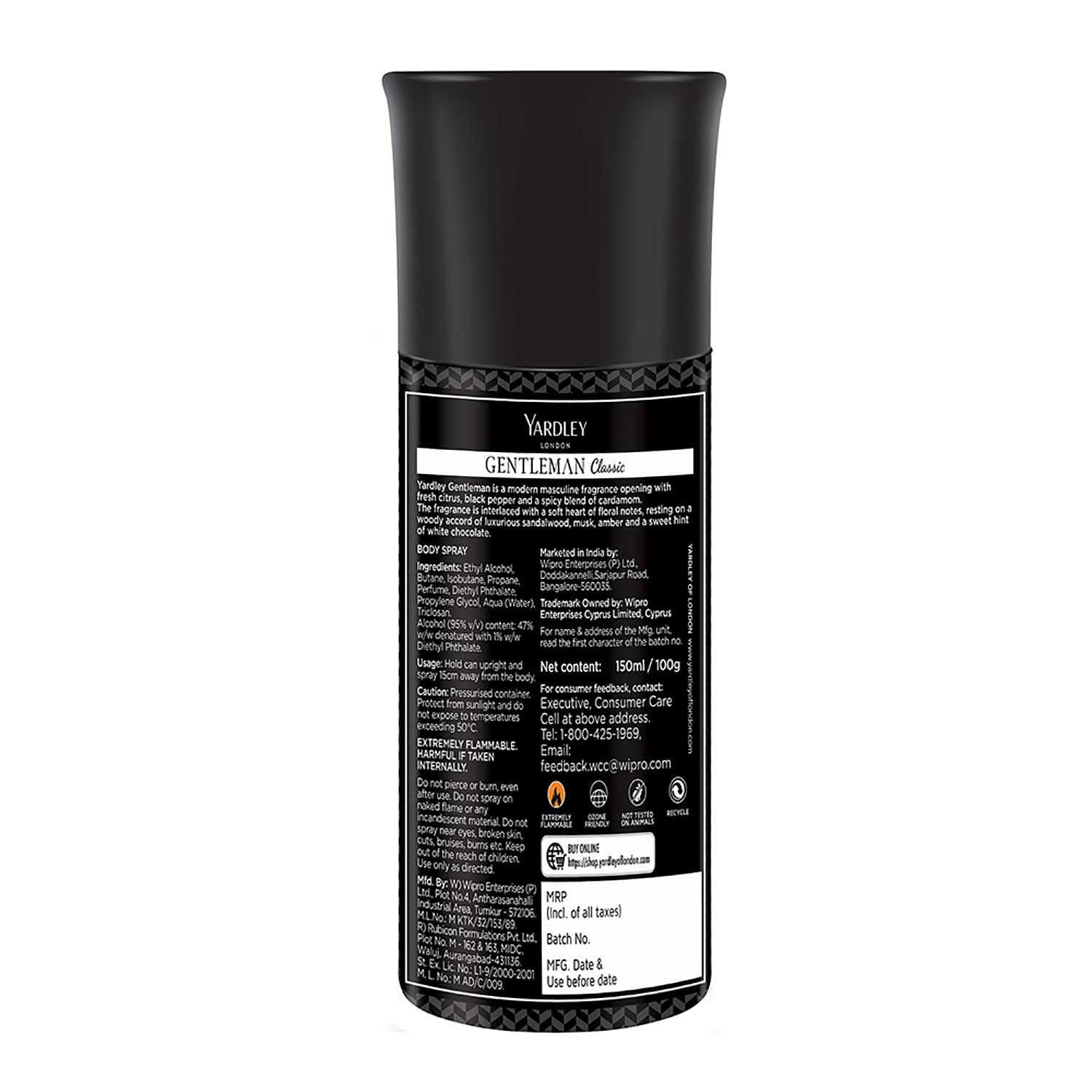 Yardley London Gentleman Classic Deodorant Body Spray for Men, 150ml - back view