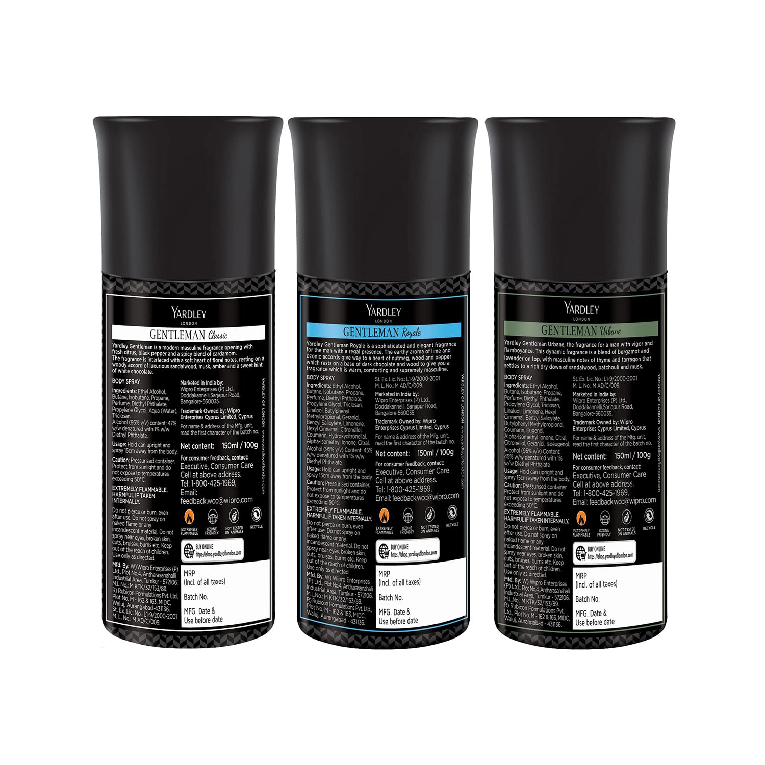 Yardley London Gentleman Range Deo Body Spray Tripack for Men, 150ml Each (Pack of 3) - Classic, Urbane & Royale Fragrances -