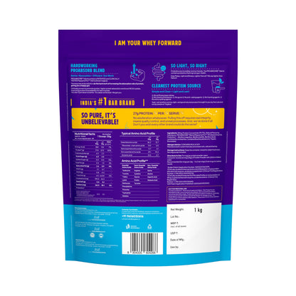 Yogabar ProClean Whey Protein Concentrate 1kg, Unflavoured Powder, 27g Protein per Serve with Pepzyme Pro Blend - front view